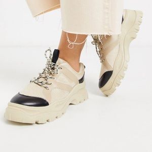 Monki Hedvig Chunky Mesh Trainers in Beige & Black